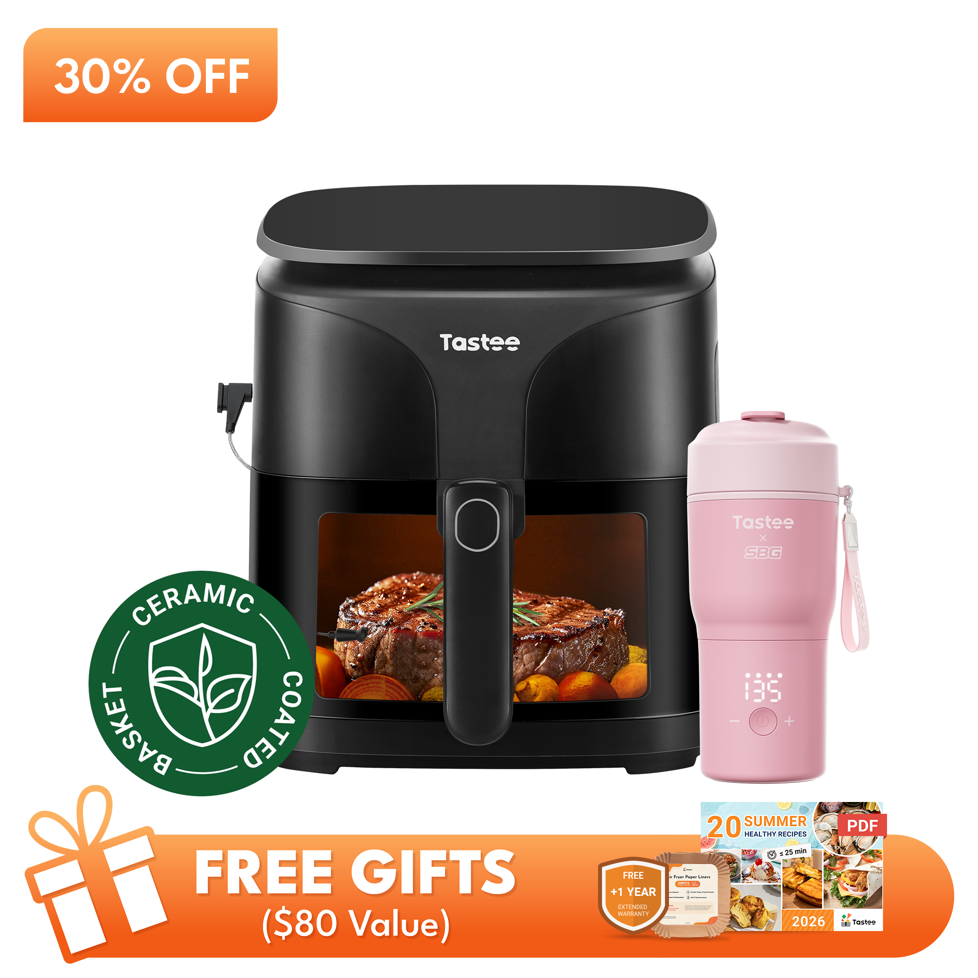 Tastee Sensor Magic Smart Air Fryer (Ceramic Coated) + Travel Coffee Mug (SBG Edition)