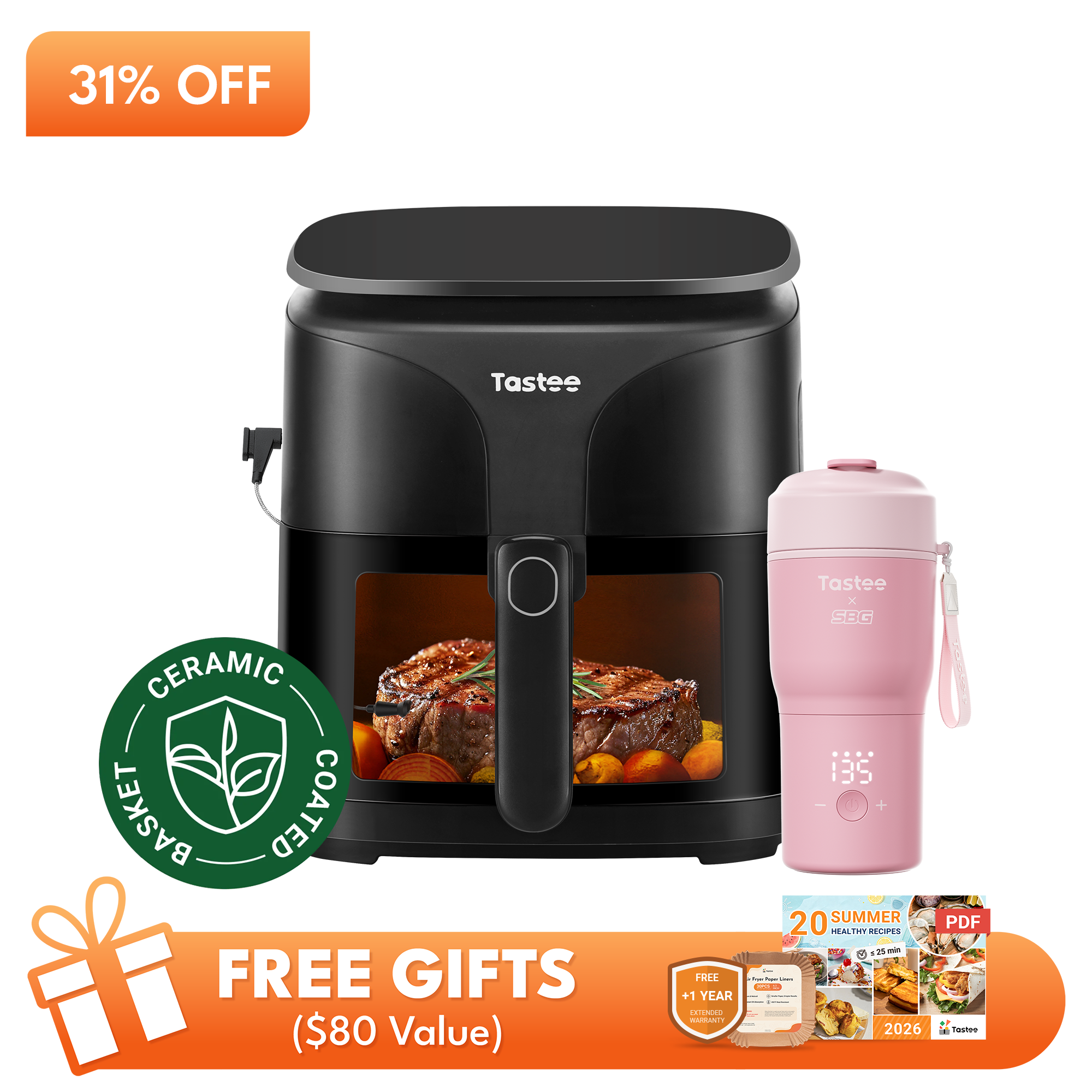 Tastee Sensor Magic Smart Air Fryer (Ceramic Coated Basket) + Travel Coffee Mug (Tastee x SBG)