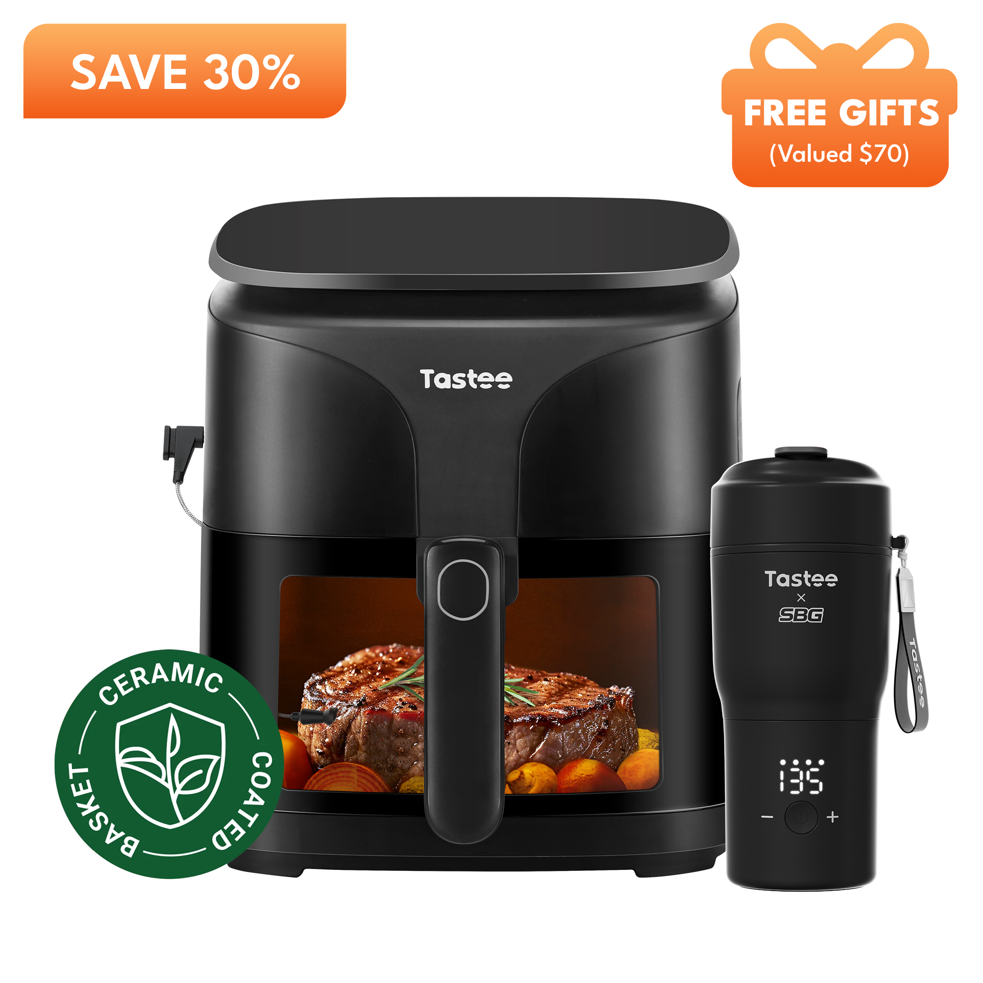 Tastee Sensor Magic Smart Air Fryer (Ceramic Coated) + Travel Coffee Mug (SBG Edition)