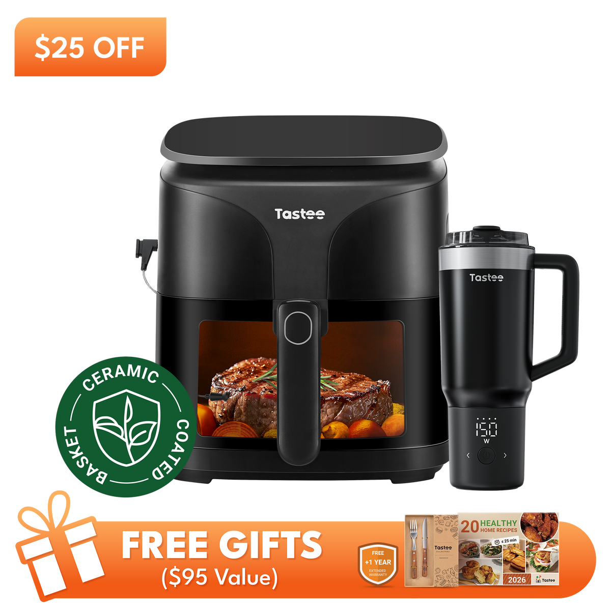 Tastee Sensor Magic Smart Air Fryer (Ceramic Coated) + Travel Coffee Mug Plus