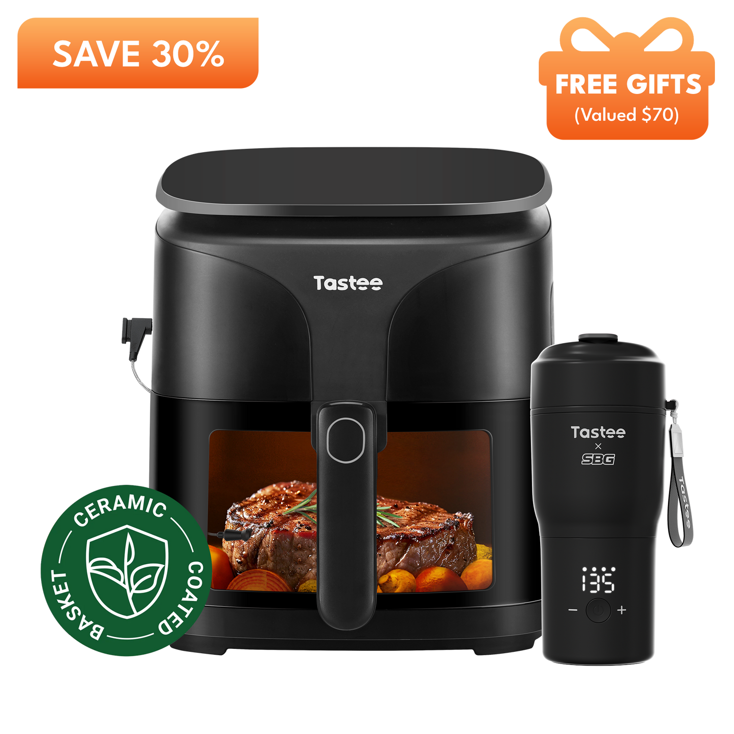 Tastee Sensor Magic Smart Air Fryer (Ceramic Coated) + Travel Coffee Mug (SBG Edition)