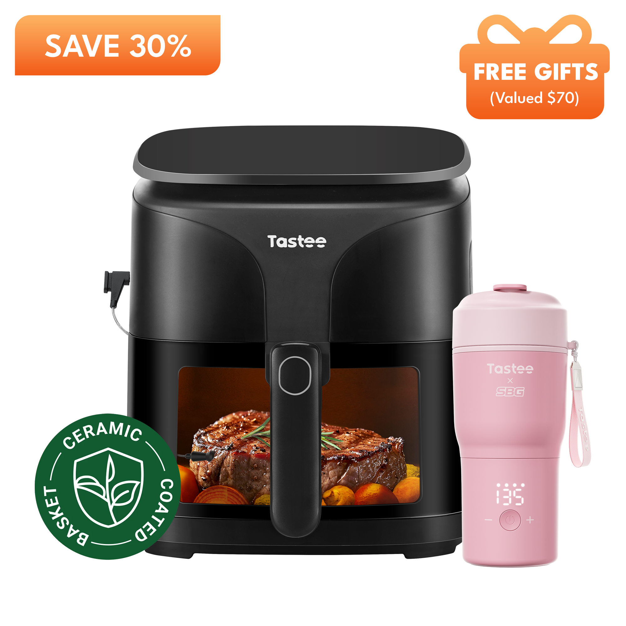 Tastee Sensor Magic Smart Air Fryer (Ceramic Coated) + Travel Coffee Mug (SBG Edition)