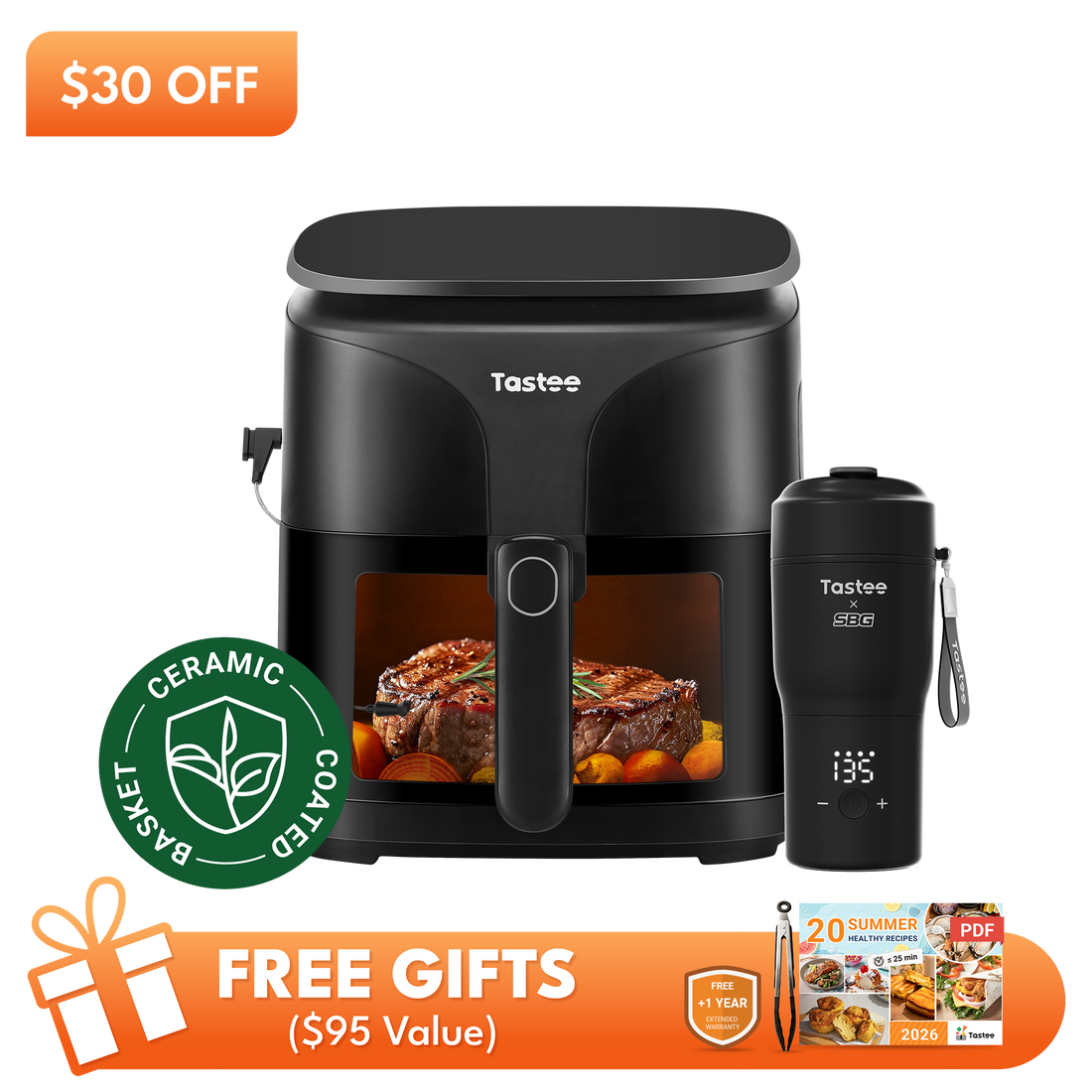 Tastee Sensor Magic Smart Air Fryer (Ceramic Coated Basket) + Travel Coffee Mug (Tastee x SBG)