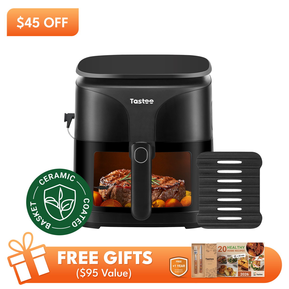 Tastee Sensor Magic Smart Air Fryer (Ceramic Coated Basket)+Cast Iron Grill Pan