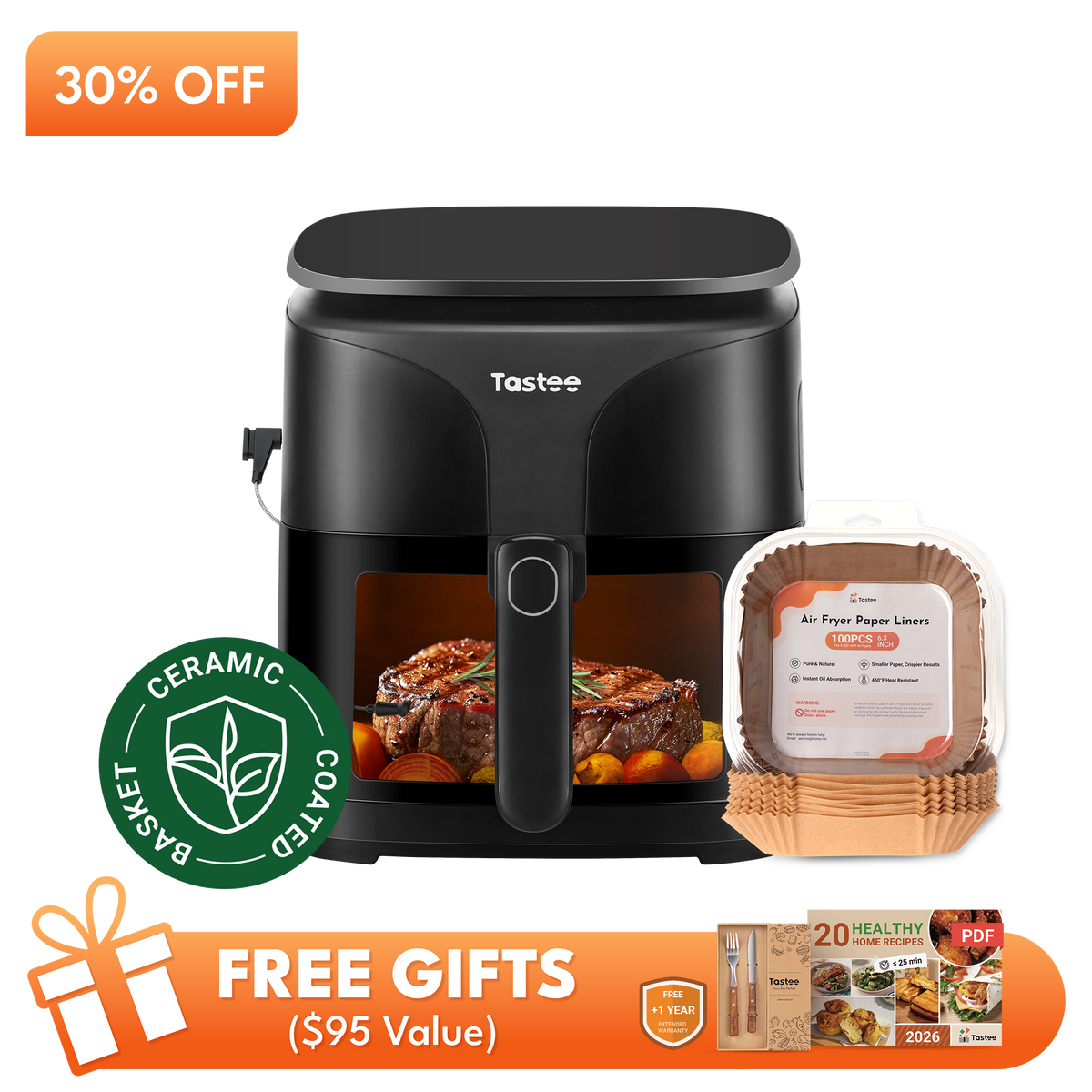 Tastee Sensor Magic Smart Air Fryer (Ceramic Coated)+Paper Liners