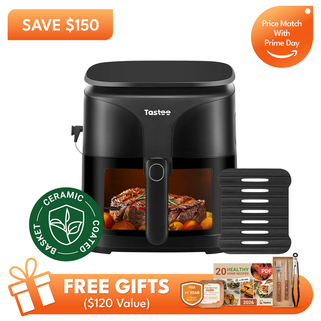 Tastee Sensor Magic Smart Air Fryer (Ceramic Coated)+Cast Iron Grill Pan