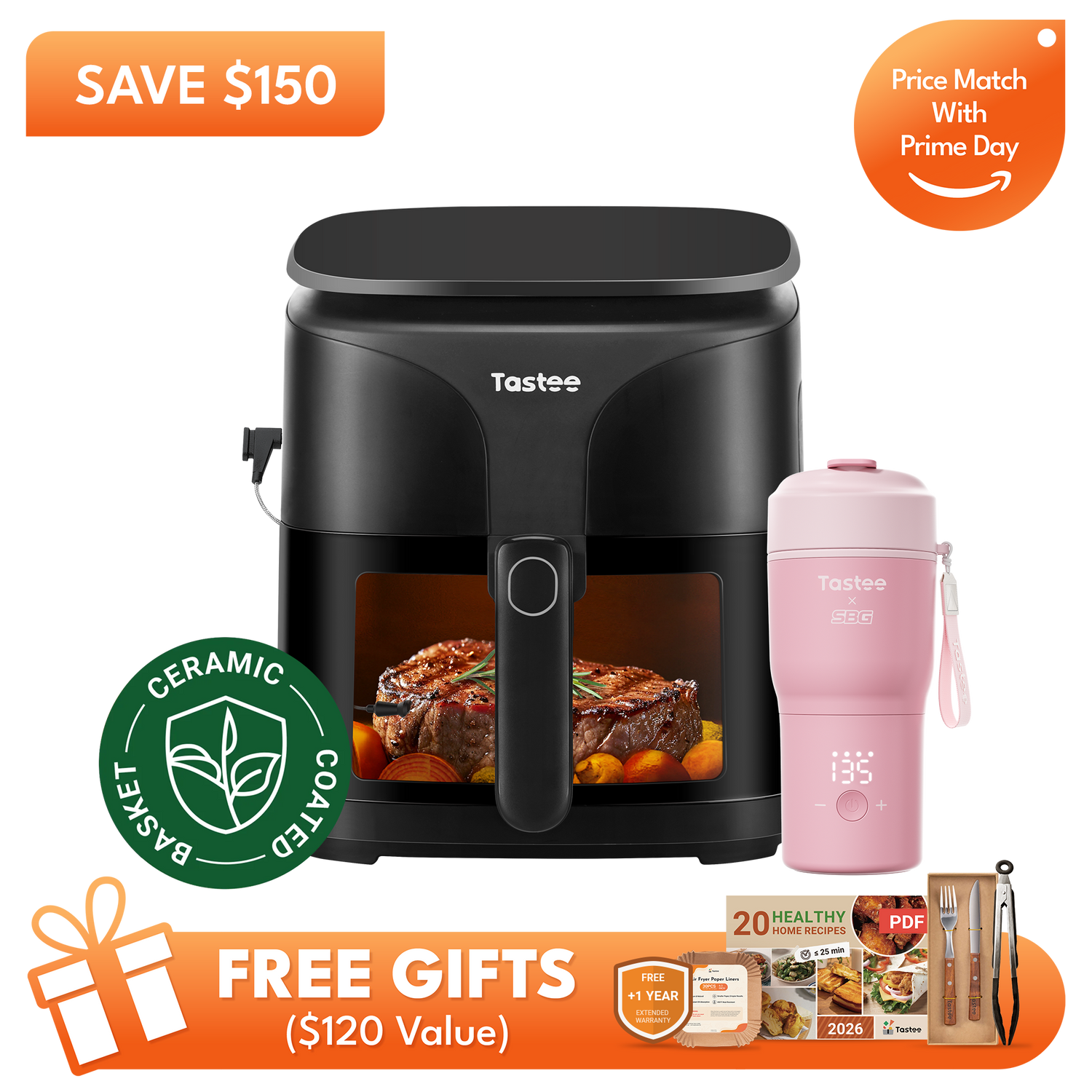 Tastee Sensor Magic Smart Air Fryer (Ceramic Coated) + Travel Coffee Mug (SBG Edition)