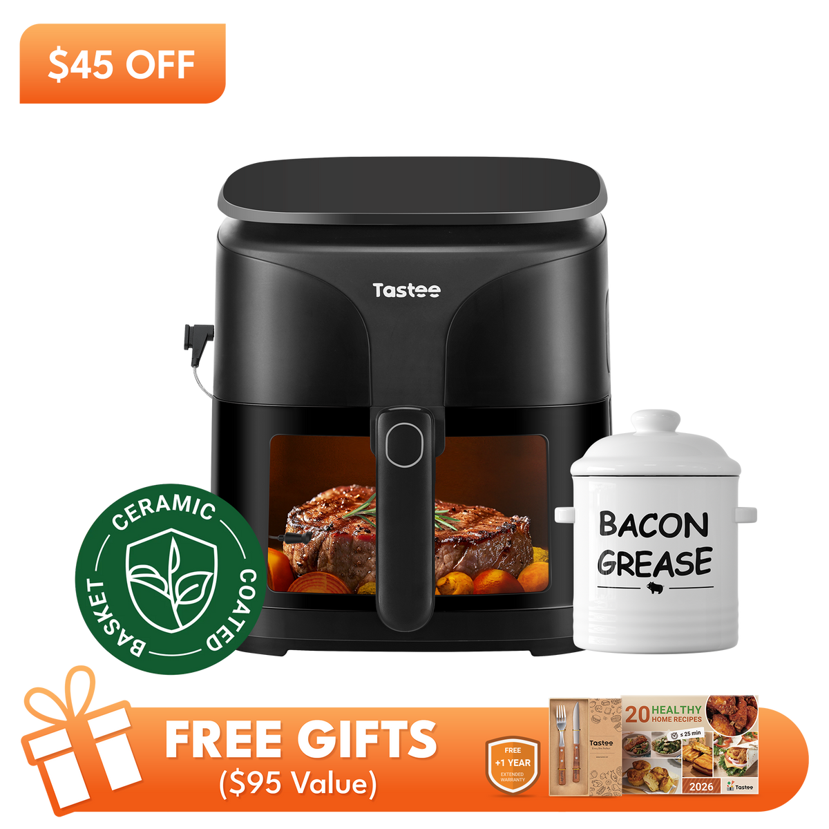 Tastee Sensor Magic Smart Air Fryer (Ceramic Coated Basket) +Ceramic Bacon Grease Container