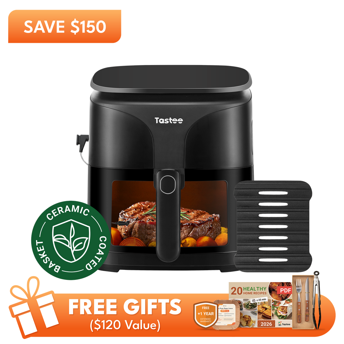 Tastee Sensor Magic Smart Air Fryer (Ceramic Coated)+Cast Iron Grill Pan