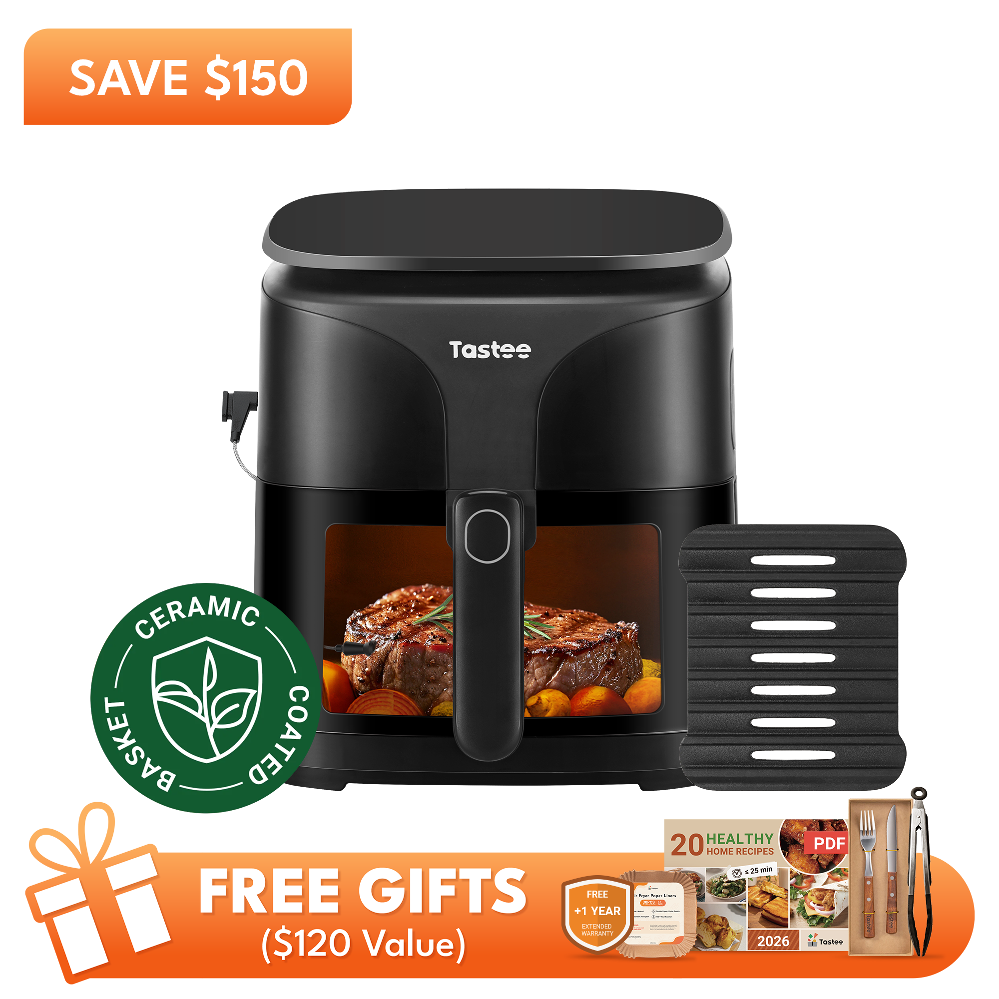Tastee Sensor Magic Smart Air Fryer (Ceramic Coated)+Cast Iron Grill Pan