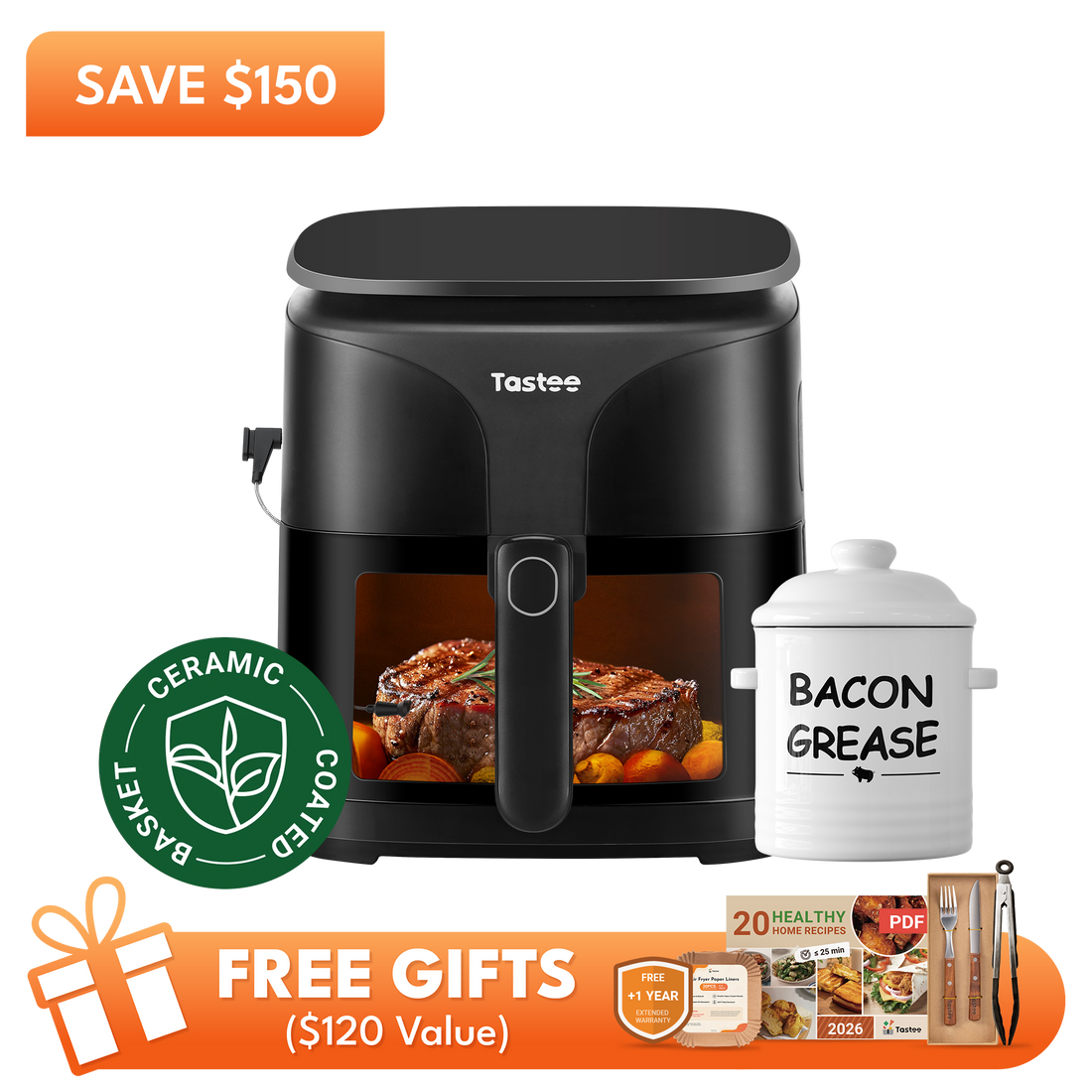 Tastee Sensor Magic Smart Air Fryer (Ceramic Coated)+Ceramic Bacon Grease Container