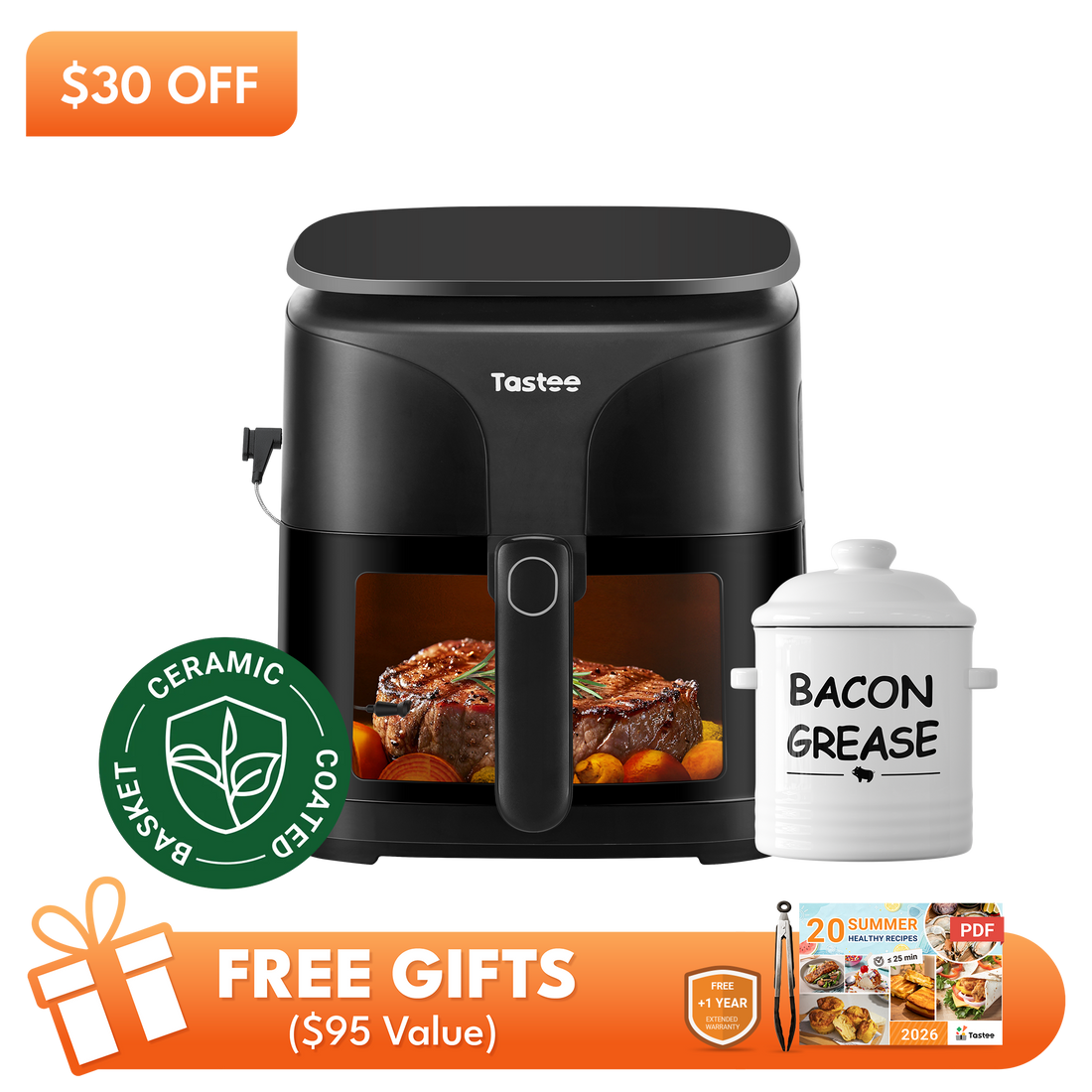 Tastee Sensor Magic Smart Air Fryer (Ceramic Coated Basket) +Ceramic Bacon Grease Container