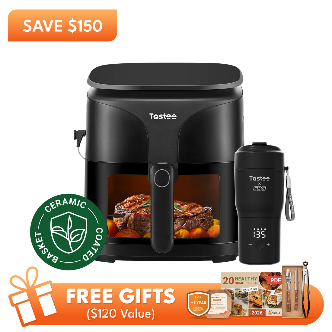 Tastee Sensor Magic Smart Air Fryer (Ceramic Coated) + Travel Coffee Mug (SBG Edition)