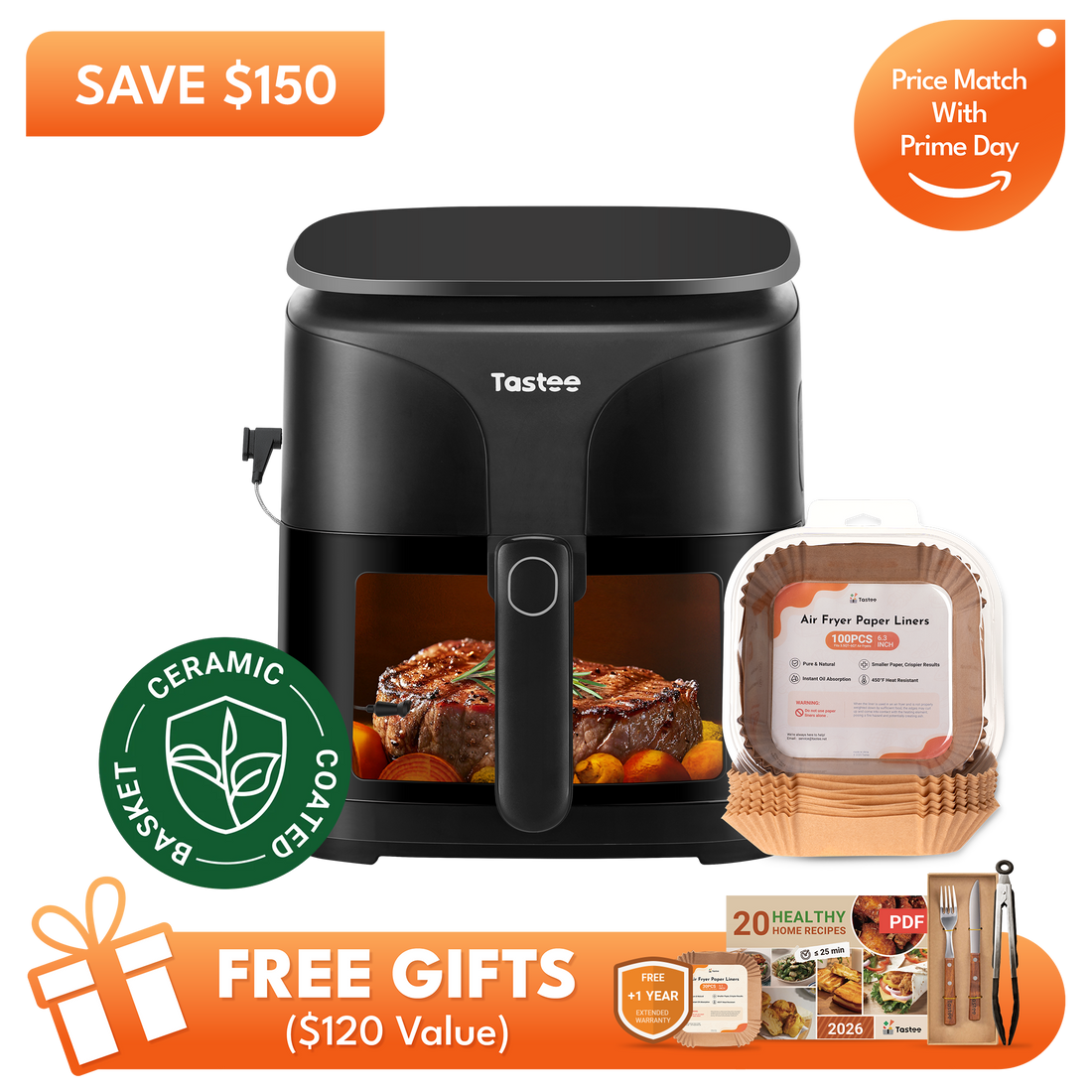 Tastee Sensor Magic Smart Air Fryer (Ceramic Coated)+Paper Liners