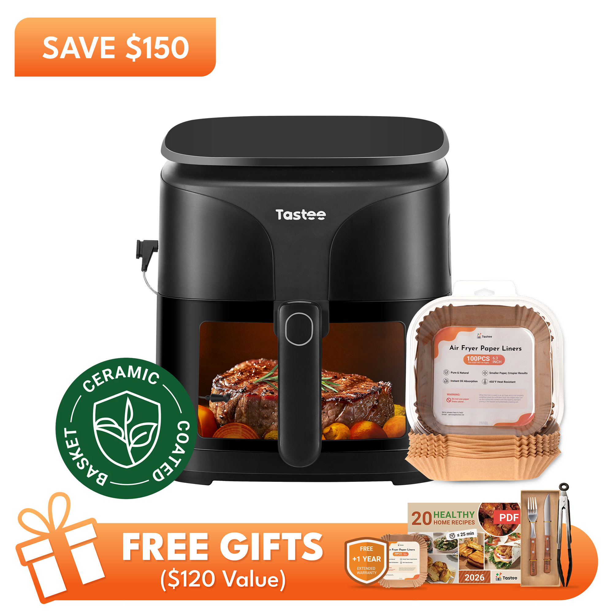 Tastee Sensor Magic Smart Air Fryer (Ceramic Coated)+Paper Liners