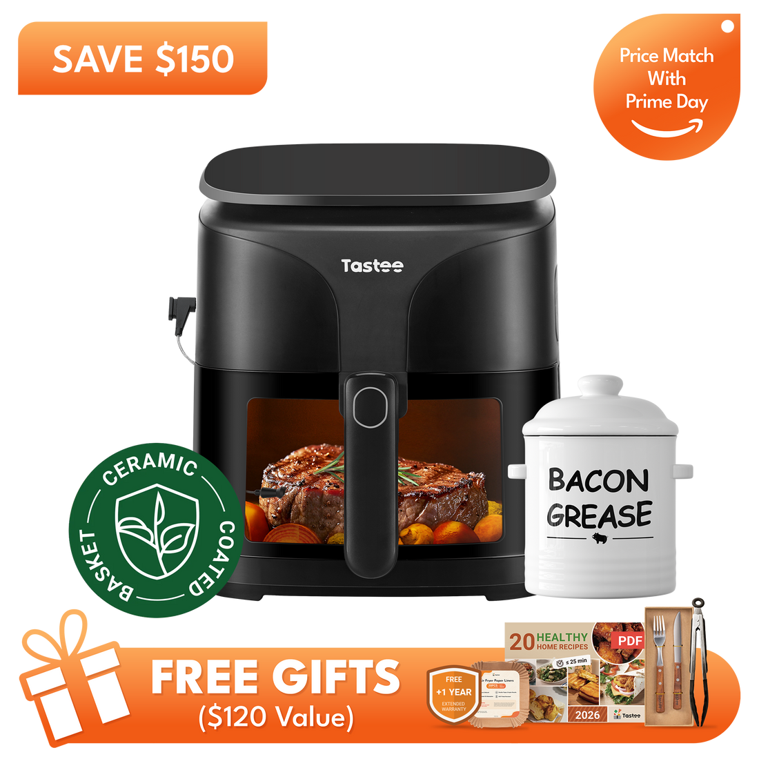 Tastee Sensor Magic Smart Air Fryer (Ceramic Coated)+Ceramic Bacon Grease Container