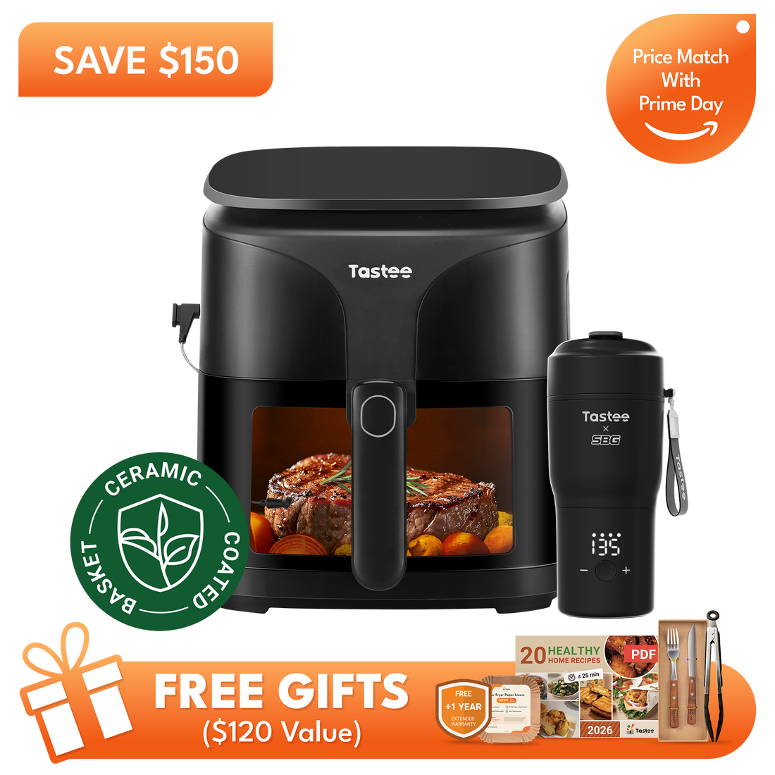 Tastee Sensor Magic Smart Air Fryer (Ceramic Coated) + Travel Coffee Mug (SBG Edition)