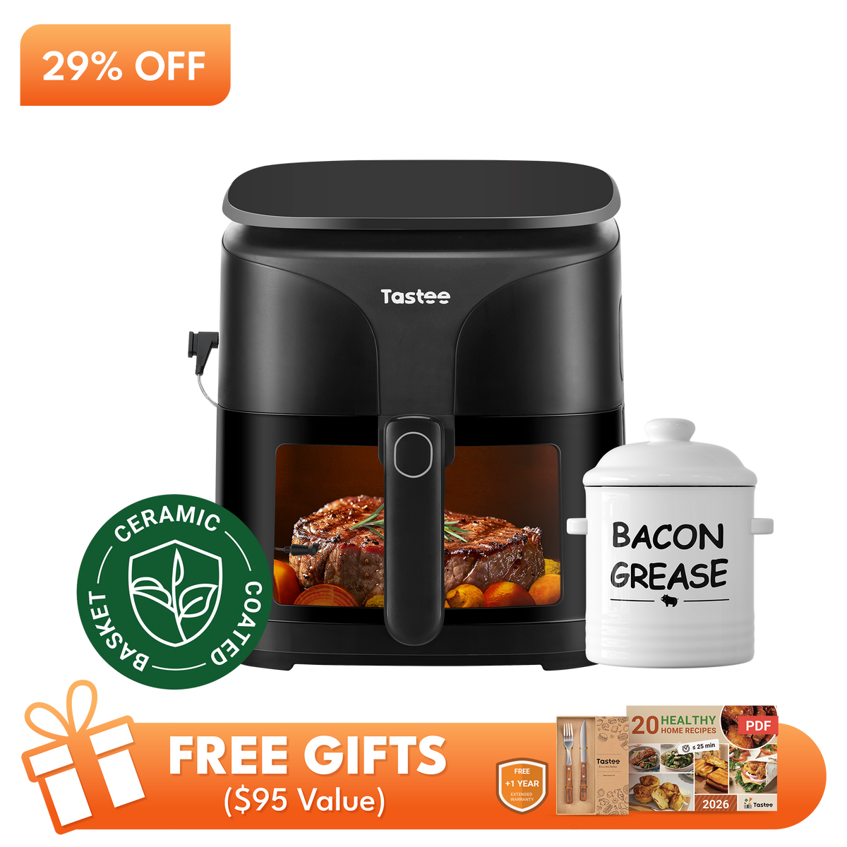 Tastee Sensor Magic Smart Air Fryer (Ceramic Coated)+Ceramic Bacon Grease Container