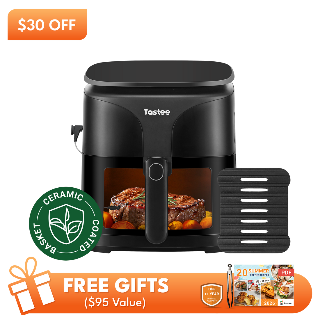 Tastee Sensor Magic Smart Air Fryer (Ceramic Coated Basket)+Cast Iron Grill Pan