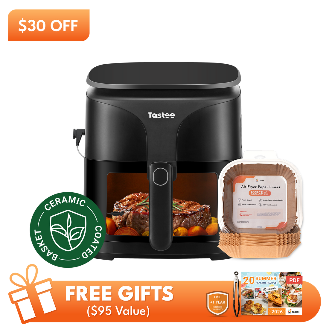 Tastee Sensor Magic Smart Air Fryer (Ceramic Coated Basket)+Paper Liners