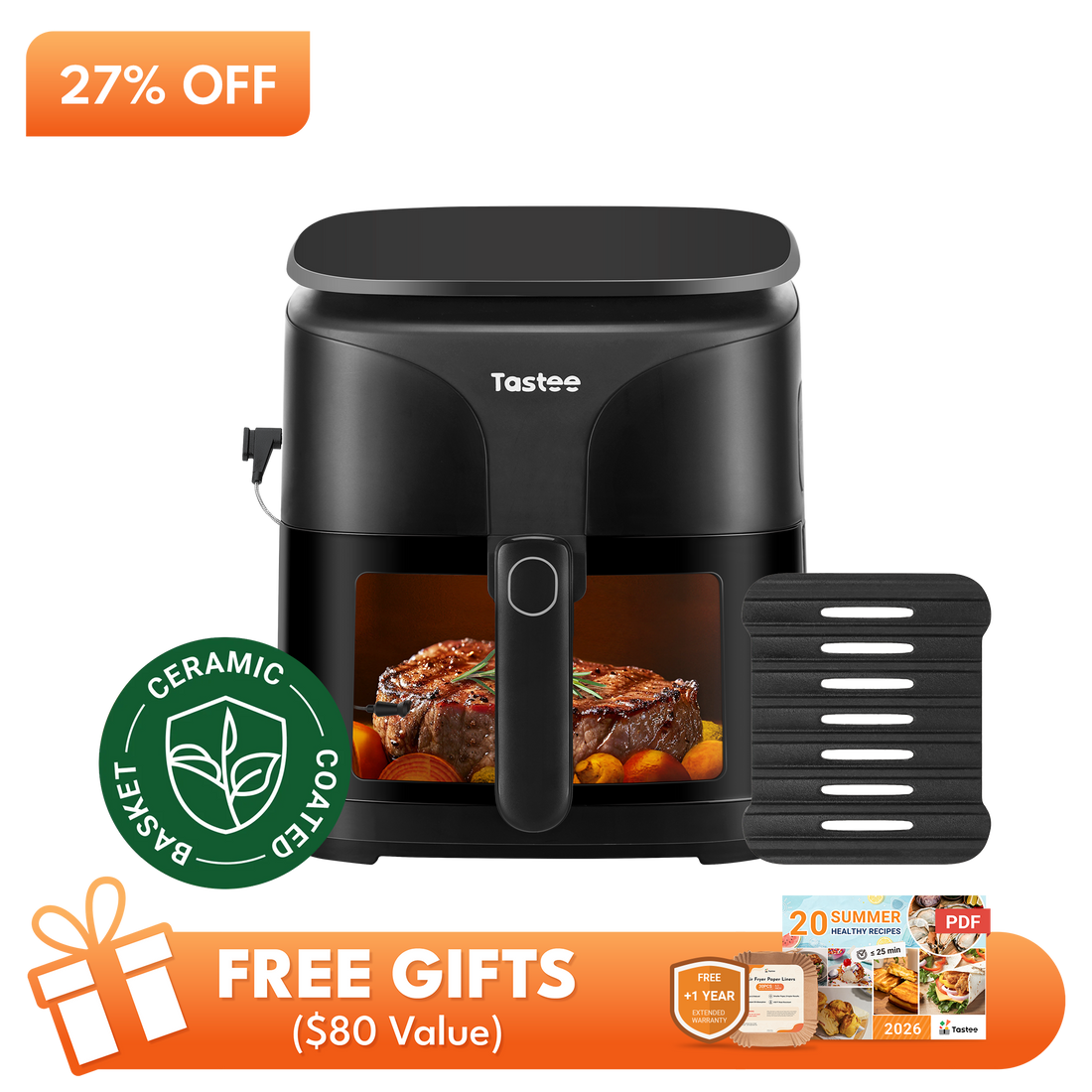 Tastee Sensor Magic Smart Air Fryer (Ceramic Coated)+Cast Iron Grill Pan