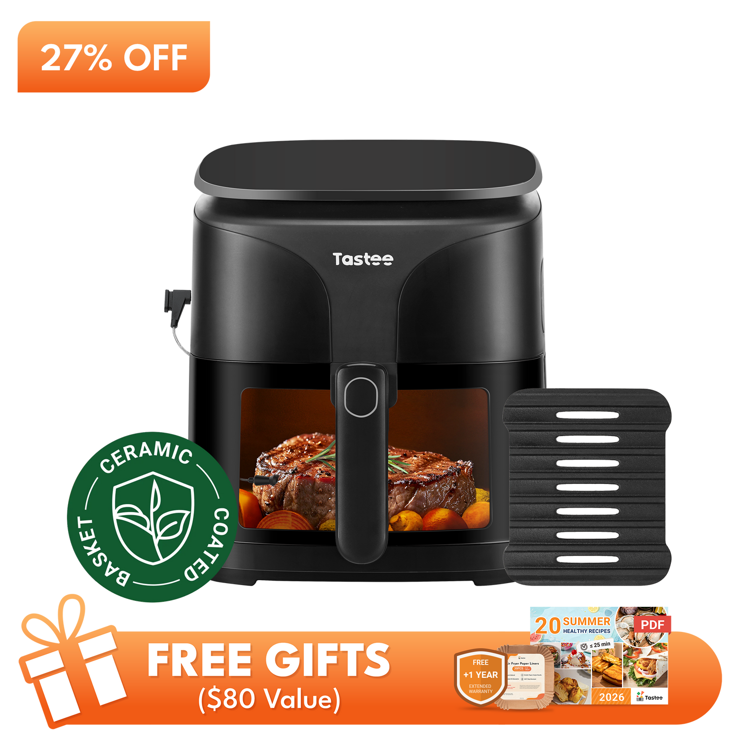 Tastee Sensor Magic Smart Air Fryer (Ceramic Coated)+Cast Iron Grill Pan