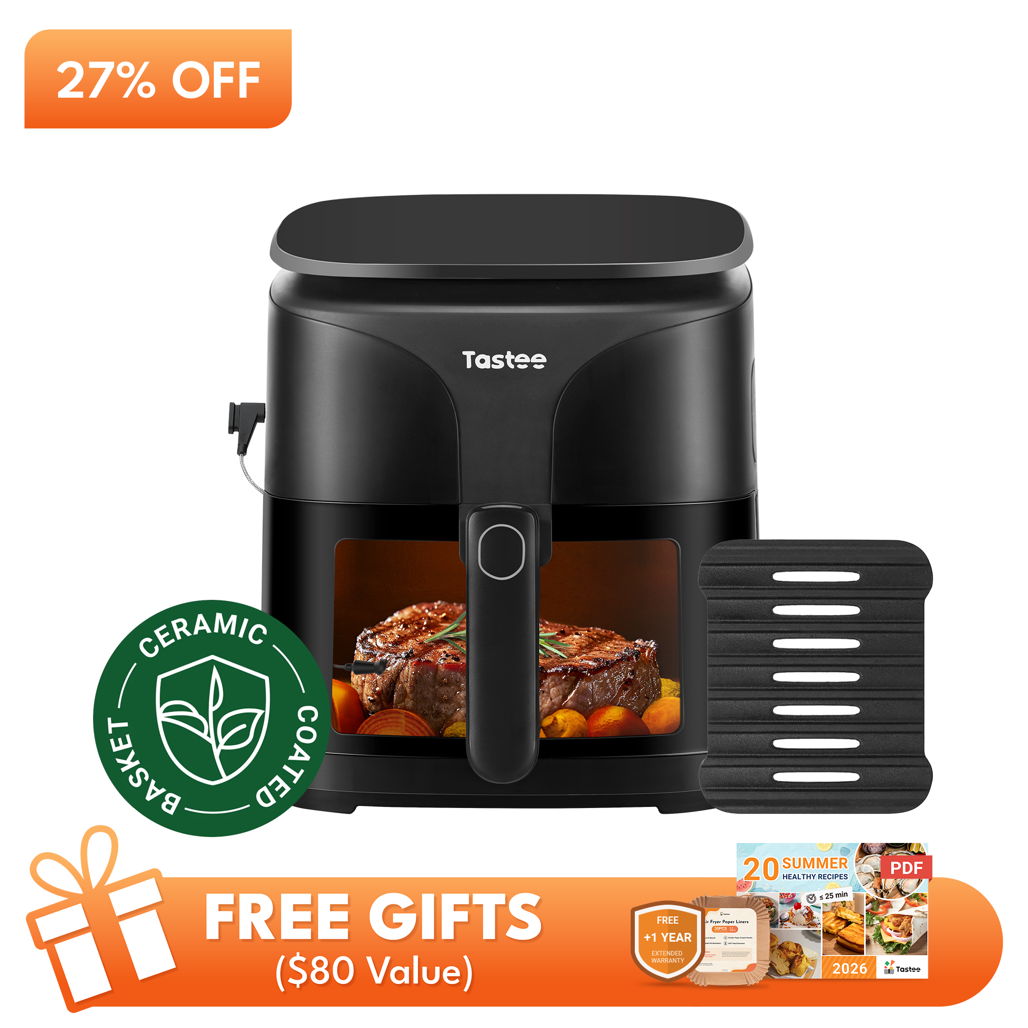 Tastee Sensor Magic Smart Air Fryer (Ceramic Coated)+Cast Iron Grill Pan